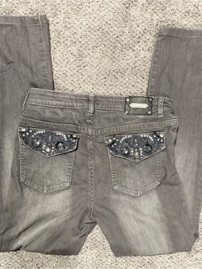 Y2K Tru Luxe Jeans Gray Embellished Flap Pocket Straight Leg McBling Size 29